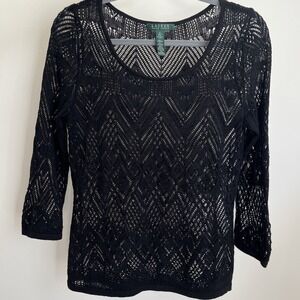 Lauren Ralph Lauren Woman Linen Cotton Crochet Black Top Long Sleeves
